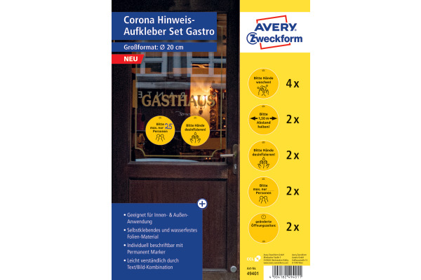 AVERY ZW. Hinweis-Aufkleber DE 20cm 49401 Set für Gastronomie 12 Stück