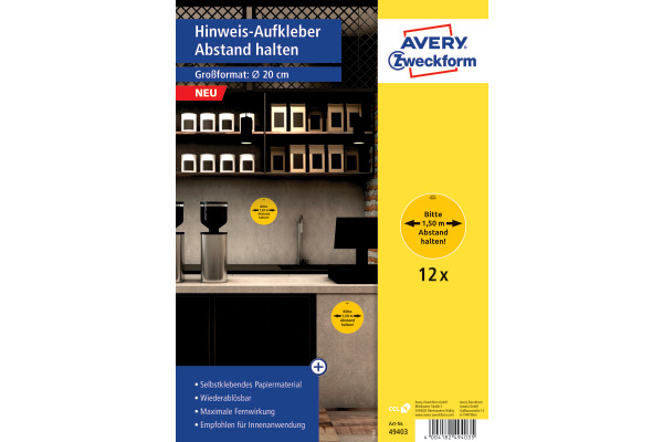 AVERY ZW. Hinweis-Aufkleber DE 20cm 49403 Abstand halten 12 Stück
