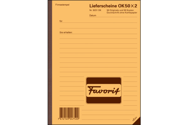 FAVORIT Formularbuch Lieferscheine A5 9231 OK Durchschreibepapier 50x2 Blatt