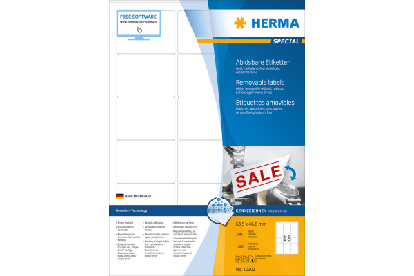 HERMA Etiketten SPECIAL 63.5x46.6mm 10302 weiss,non-perm. 1800St./100Bl.