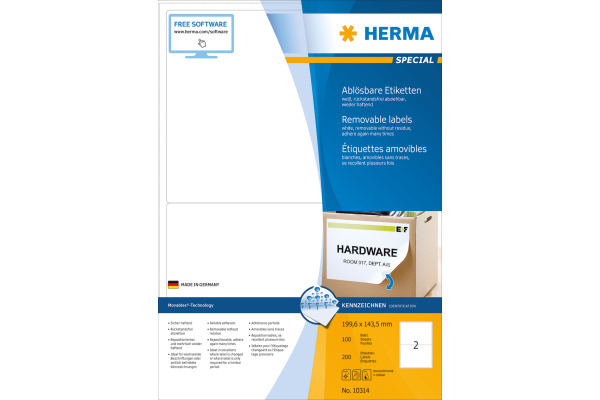 HERMA EtikettenSPECIAL 199.6x143.5mm 10314 weiss,non-perm. 200St./100Bl.