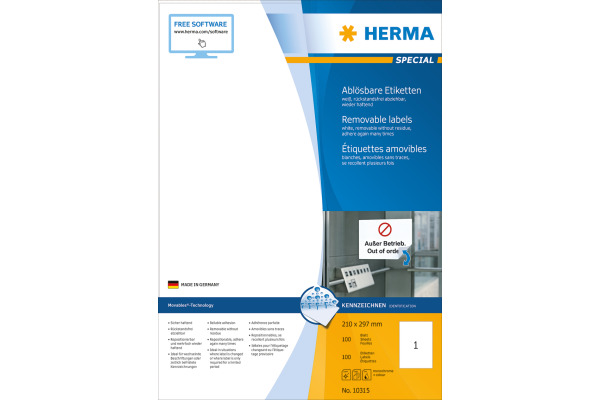 HERMA Etiketten SPECIAL 210x297mm 10315 weiss,non-perm. 100St./100Bl.