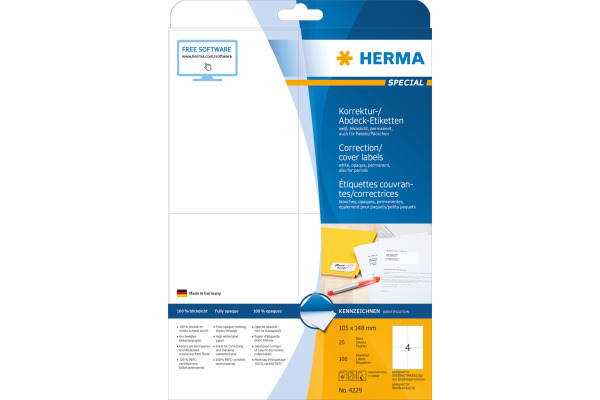 HERMA Etiketten SPECIAL 105x148mm 4229 weiss,perm. 100 St./25 Bl.