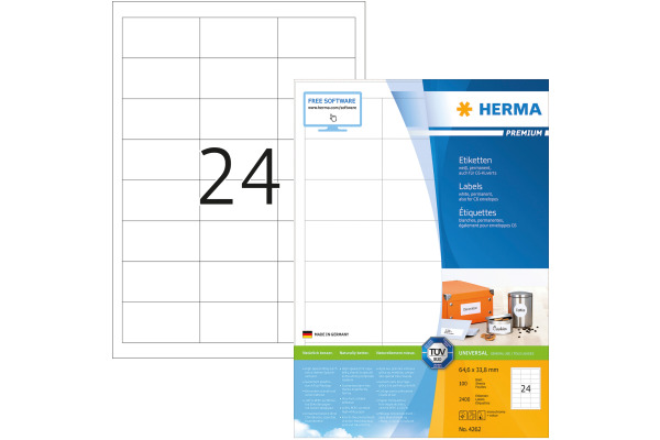 HERMA Universal-Etikett. 64,6x33,8mm 4262 weiss 2400 St./100 Blatt