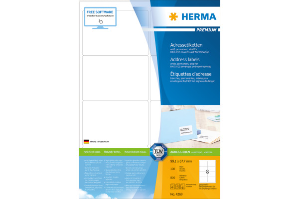 HERMA Etiketten PREMIUM 99.1x67.7mm 4269 weiss,perm. 800 St./100 Bl.