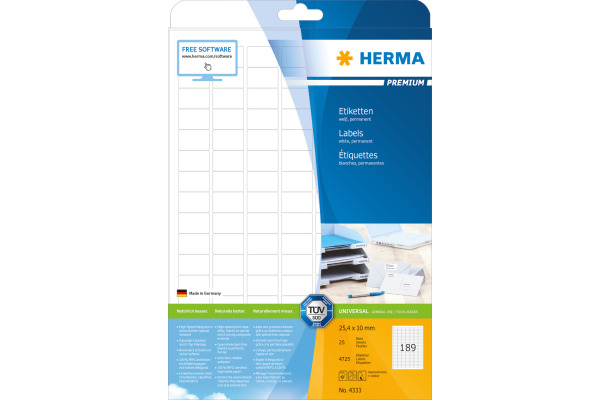 HERMA Etiketten PREMIUM 25.4x10mm 4333 weiss,perm. 4725 St./25 Bl.