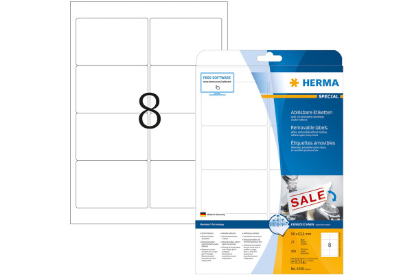 HERMA Etiketten Movables 96,0x63,5mm 4350 weiss,non-perm. 200 St./25 Bl.