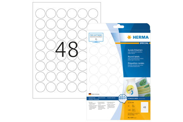 HERMA Universal-Etiketten 30mm 4387 weiss 1200 St. 25 Blatt