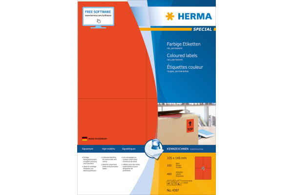 HERMA Etiketten SPECIAL 105x148mm 4397 rot,perm. 400 St./100 Bl.