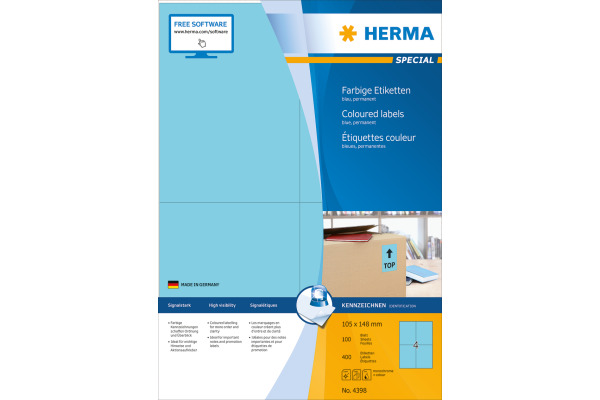 HERMA Etiketten SPECIAL 105x148mm 4398 blau,perm. 400 St./100 Bl.