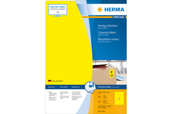 HERMA Etiketten SPECIAL 210x297mm 4401 gelb,perm. 100 St./100 Bl.