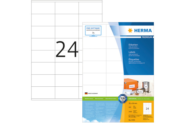 HERMA Universal-Etiketten 70x36mm 4453 weiss 2400 St./100 Blatt