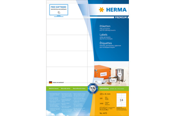 HERMA Etiketten PREMIUM 105x41mm 4475 weiss,perm. 1400 St./100 Bl.