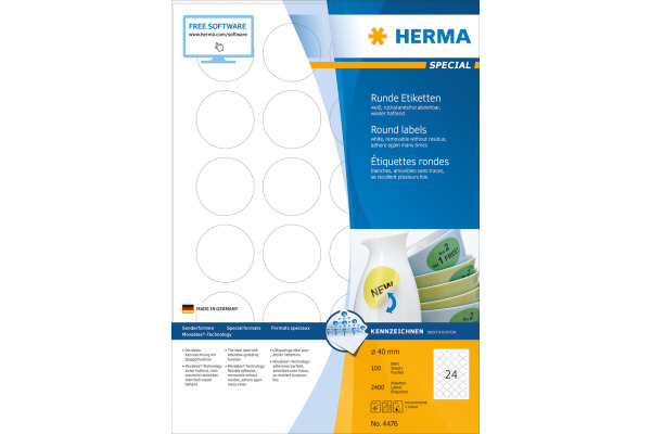 HERMA Etiketten SPECIAL 40x40mm 4476 weiss,non-perm. 2400St./100Bl.