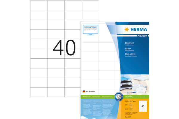 HERMA Etiketten Premium 52,5×29,7mm 4610 weiss 8000 Stück