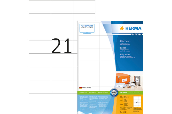 HERMA Universal-Etiketten 70x42,3mm 4616 weiss 4200 St./200 Blatt