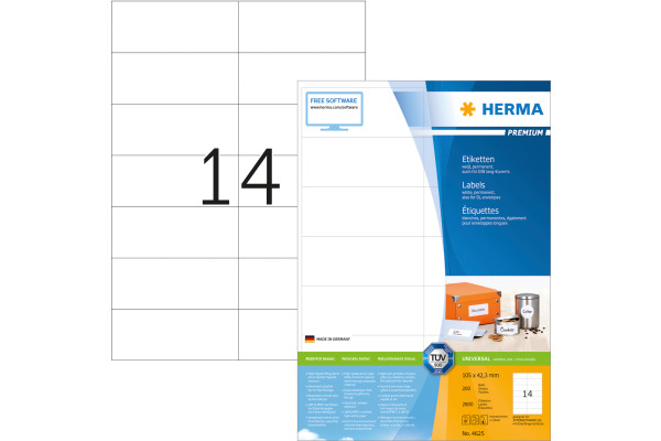 HERMA Universal-Etiketten 105x42,3mm 4625 weiss 2800 St./200 Blatt