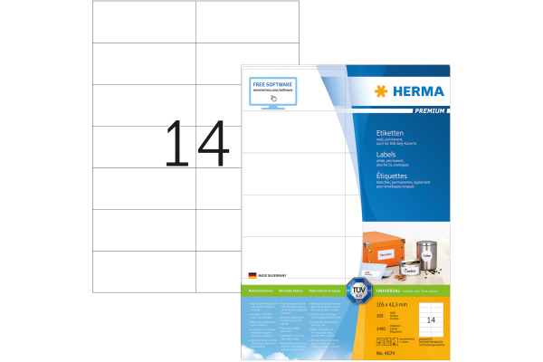 HERMA Universal-Etiketten 105x42,3mm 4674 weiss 1400 St./100 Blatt