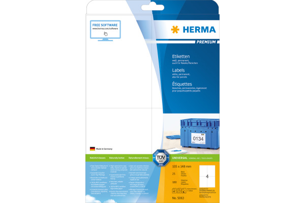 HERMA Etiketten PREMIUM 105x148mm 5063 weiss,perm. 100 St./25 Bl.