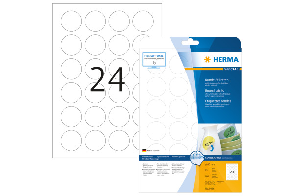 HERMA Rund-Etiketten 40mm 5066 weiss 600 St./25 Blatt