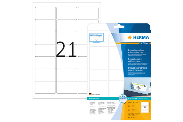 HERMA Etiketten Movables 63,5x38,1mm 5074 weiss,non-perm. 525 St./25 Bl.