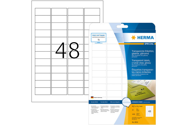 HERMA Folienetiketten 45,7x21,2mm 8016 transparent 1200 St./25 Blatt
