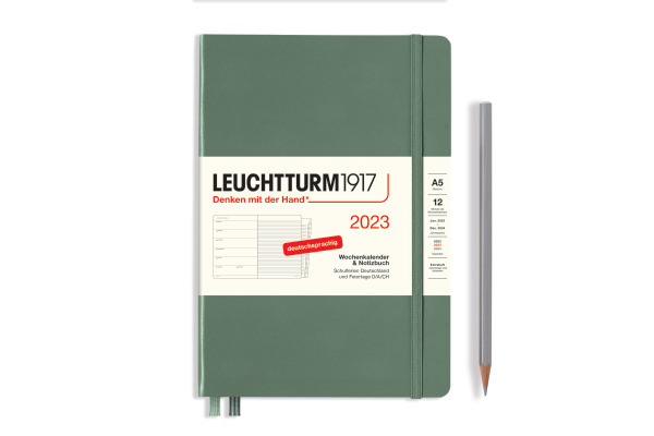 LEUCHTTURM Calendrier Carnet 2023 365670 olive, 1S/P + Note, HC, A5