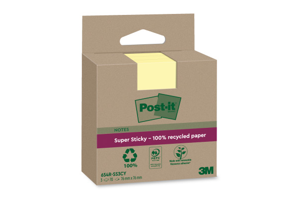 POST-IT SuperSticky Notes 76x76mm 654 RSS3C Recycling,gelb 3x70 Blatt