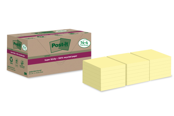 POST-IT SuperSticky Notes 76x76mm 654 RSSCY Recycling, gelb 18x70 Blatt
