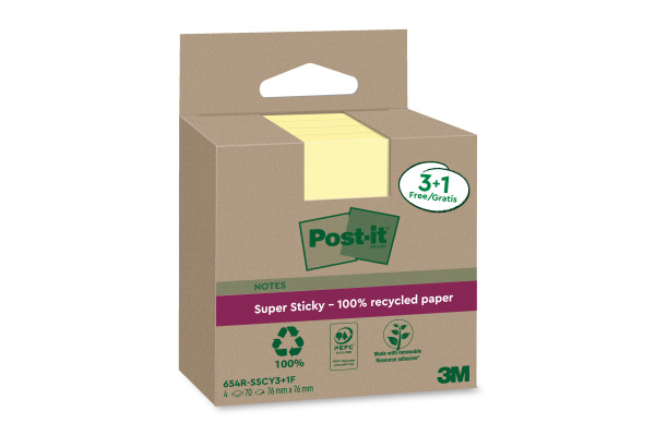 POST-IT SuperSticky Notes 76x76mm 654 RSSCY Recycling,gelb 4x70 Blatt