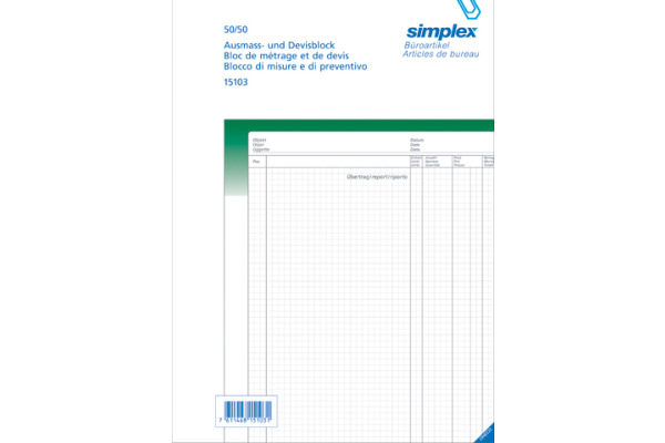 SIMPLEX Ausmassbuch A4 15103 grün/weiss 50x2 Blatt