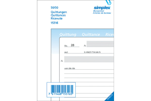 SIMPLEX Quittungen D/F/I A6 15317 blau/weiss 50x2 Blatt