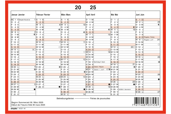 SIMPLEX Wandkalender 2025 032140.25 6M/1S rot/weiss DE/FR A5