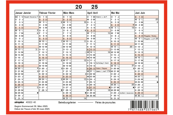 SIMPLEX Wandkalender 2025 032240.25 6M/1S rot/weiss DE/FR A6