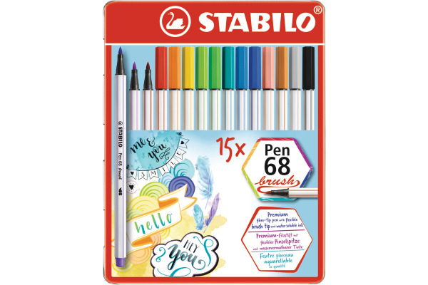 STABILO Fasermaler Pen 68 Brush 568/15-32 ass. 15 Stück Metalletui