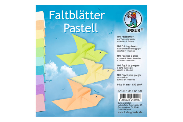 URSUS Faltblätter Origami 14×14cm 3156199 Pastell-Farben ass. 100 Blatt