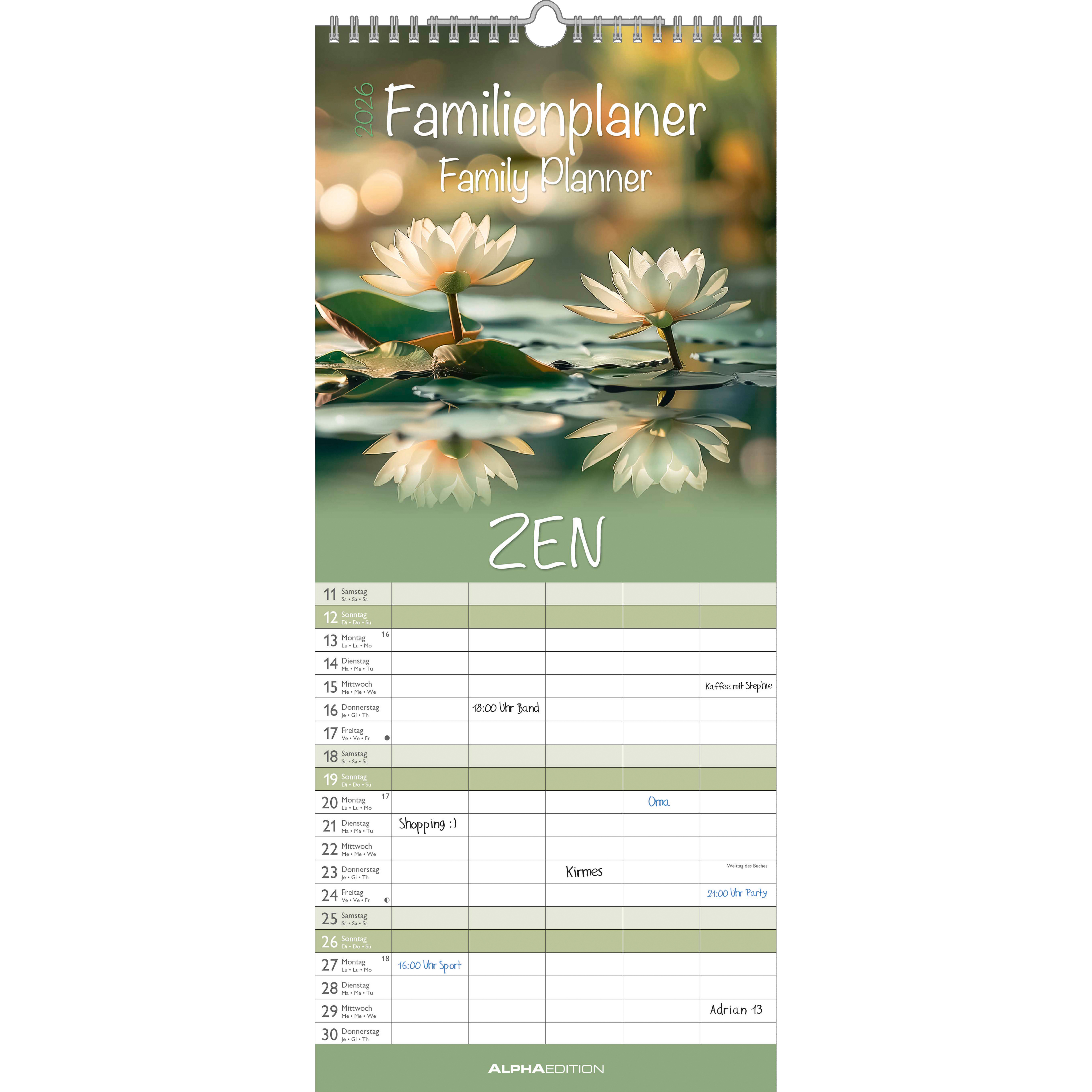 photo ALPHA EDITION Planific. familial Zen 2026 160199 1M/1P ML 5 colonnes 19.5x45cm