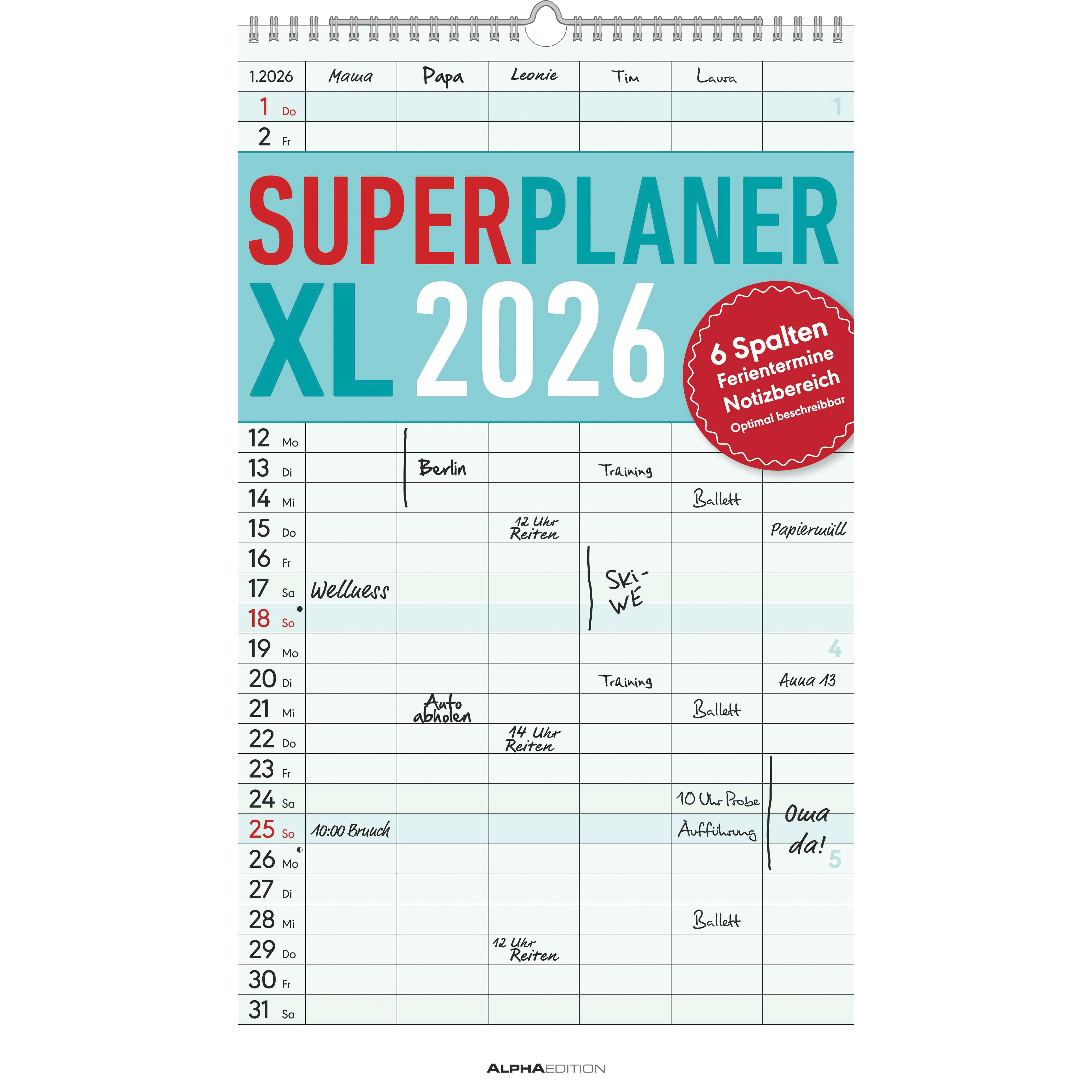 photo ALPHA EDITION Superplanificateur XL 2026 160282 1M/1P AL 6 colonnes 26x45cm