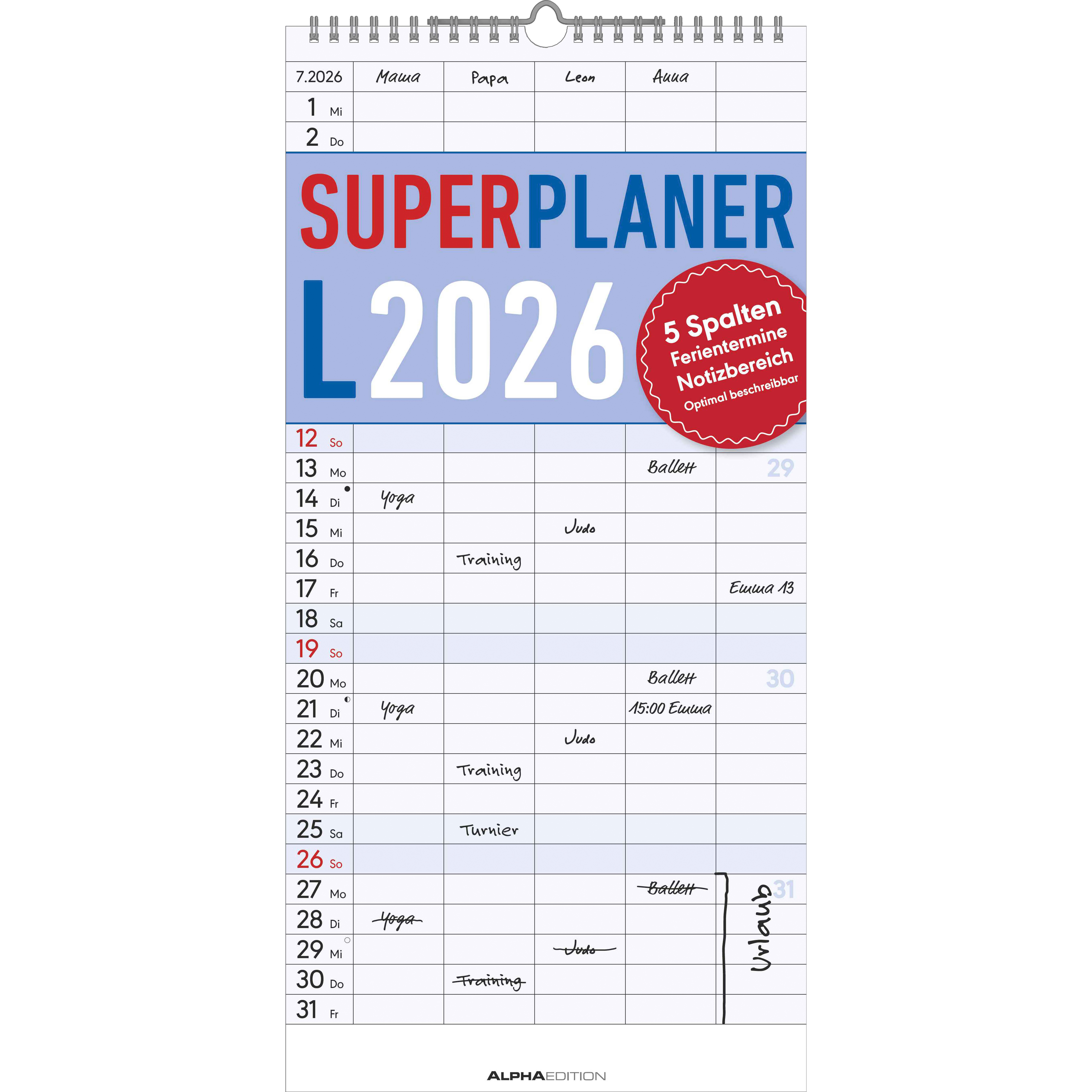 photo ALPHA EDITION Superplanificateur L 2026 160319 1M/1P AL 5 colonnes 22x45cm