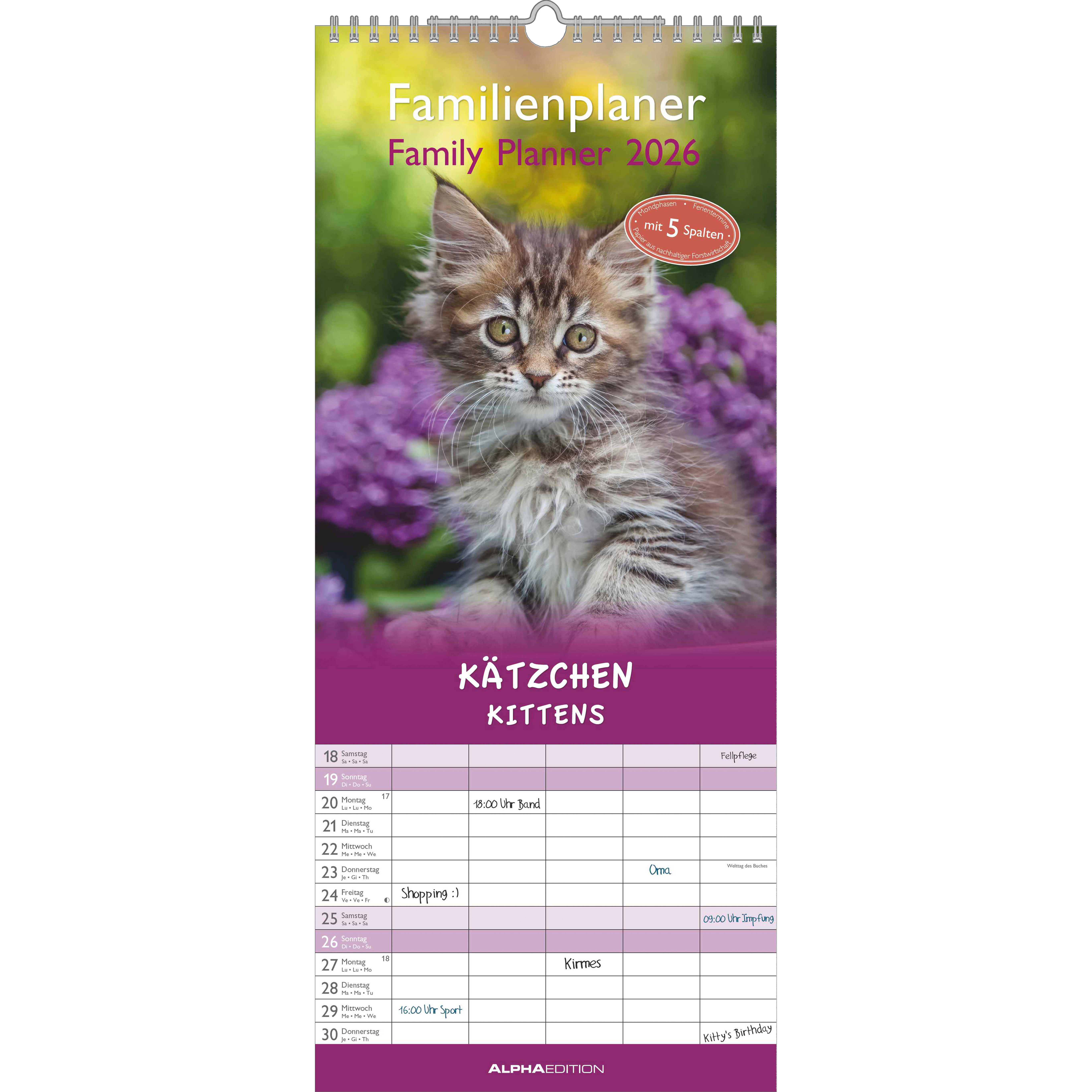 photo ALPHA EDITION Calendrier familial 2026 160337 Chatons 19.5x45cm