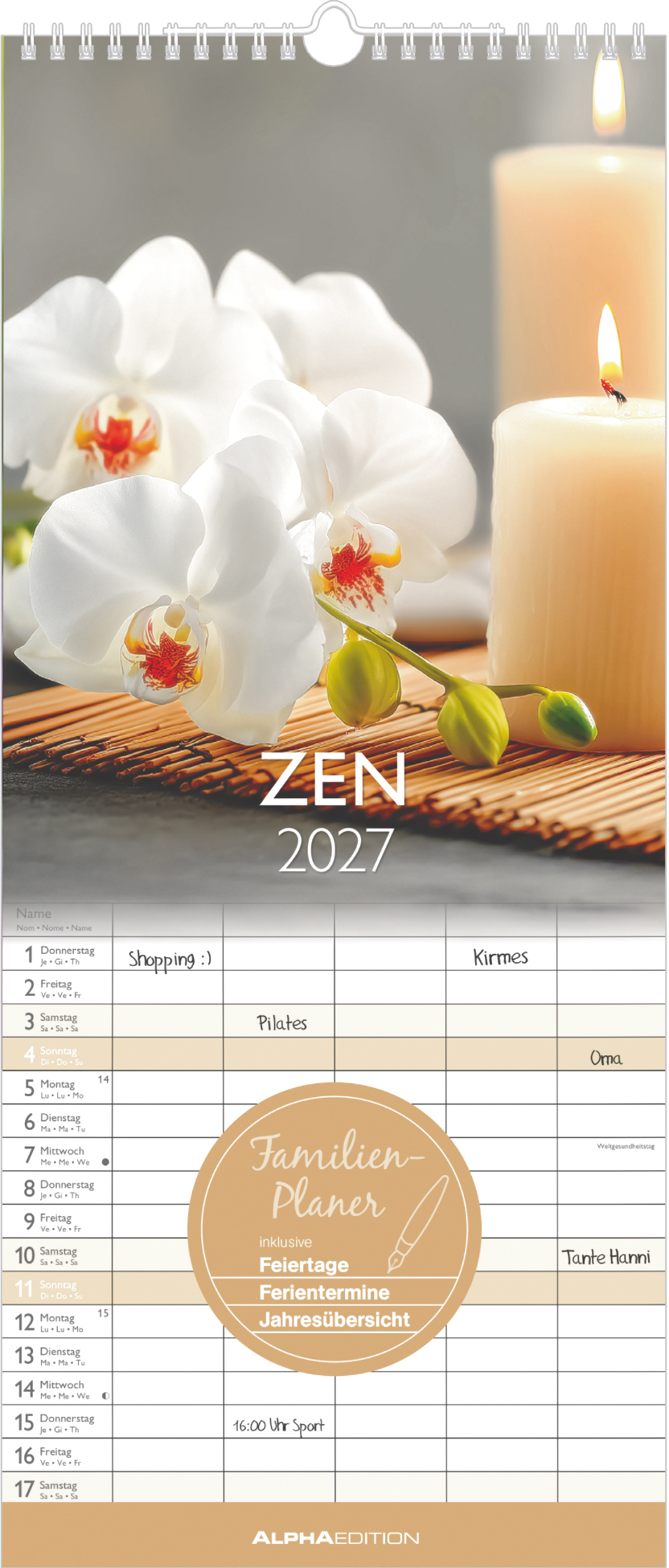 photo ALPHA EDITION Planific. familial Zen 2027 161264 1M/1P ML 5 colonnes 19.5x45cm
