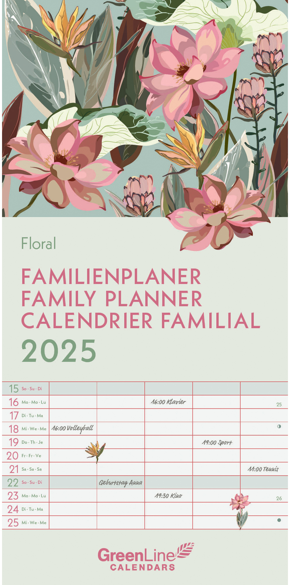 ALPHA EDITION Planificat.fam. Floral 2025 308165 1M/1P ML 5 colonnes 22x45cm