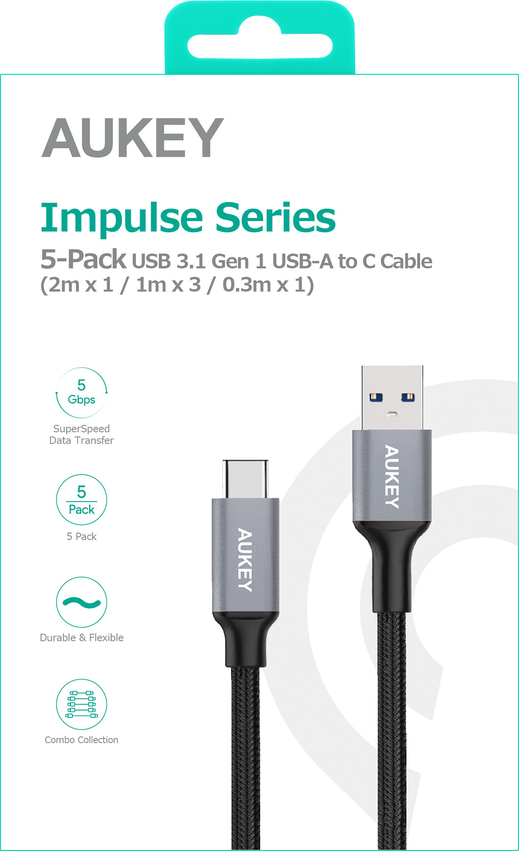 AUKEY ImpulseCable USB-A-to-C bl. CB-CMD2 5Pack 1x2M,3x1M,1x0.3M alu