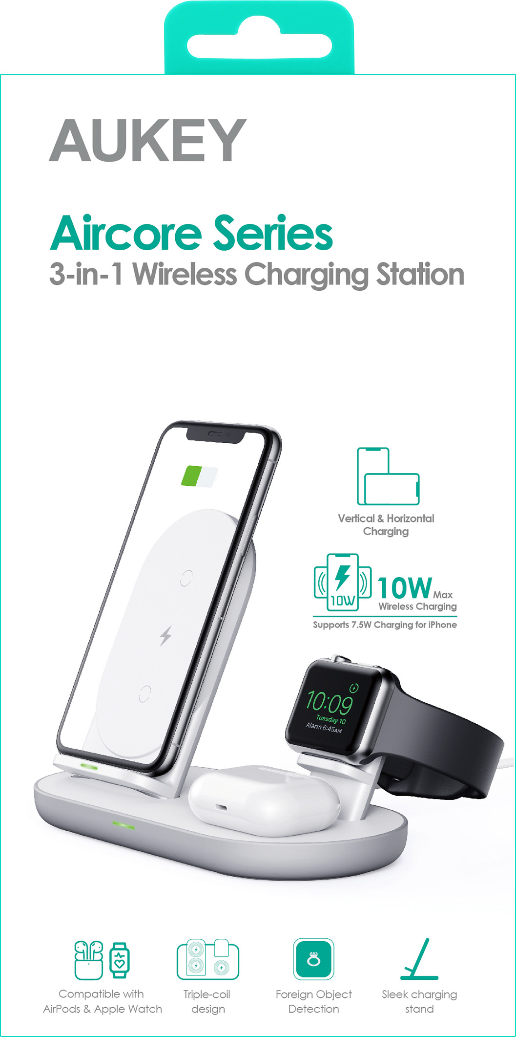 AUKEY Aircore3in1Charging Station LC-A3-WT Wireless, Qi, QC, white