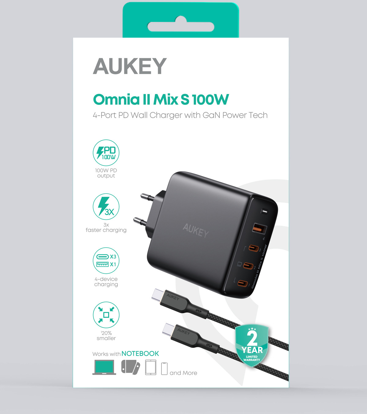 AUKEY OmniaMix II 100W GaN Bundle PA-B7S BUNDLE PD 4-Port , 1.8m Cable