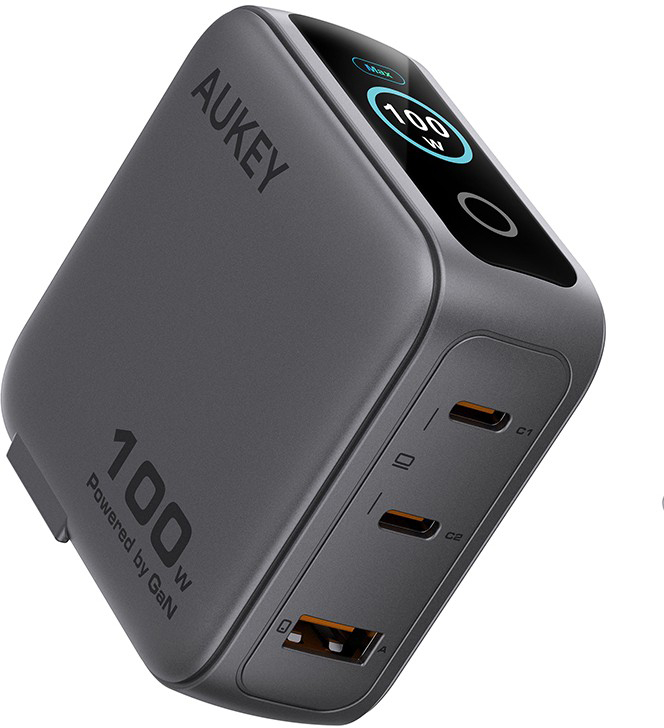 photo AUKEY Travel Wallcharger 100W PA-B9U Display, 2xUSB-C, 1x USB-A,