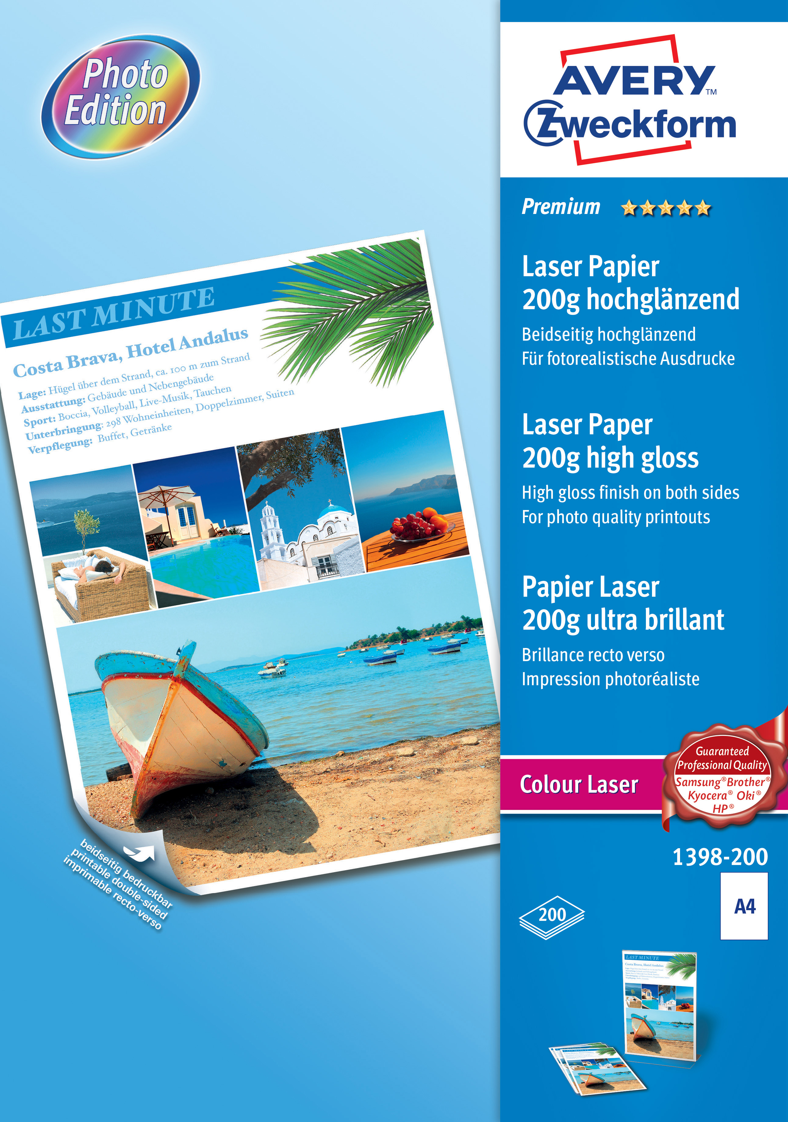 AVERY ZWECKFORM Superior Color Laser Paper A4 1398-200 200g, glossy 200 flls.