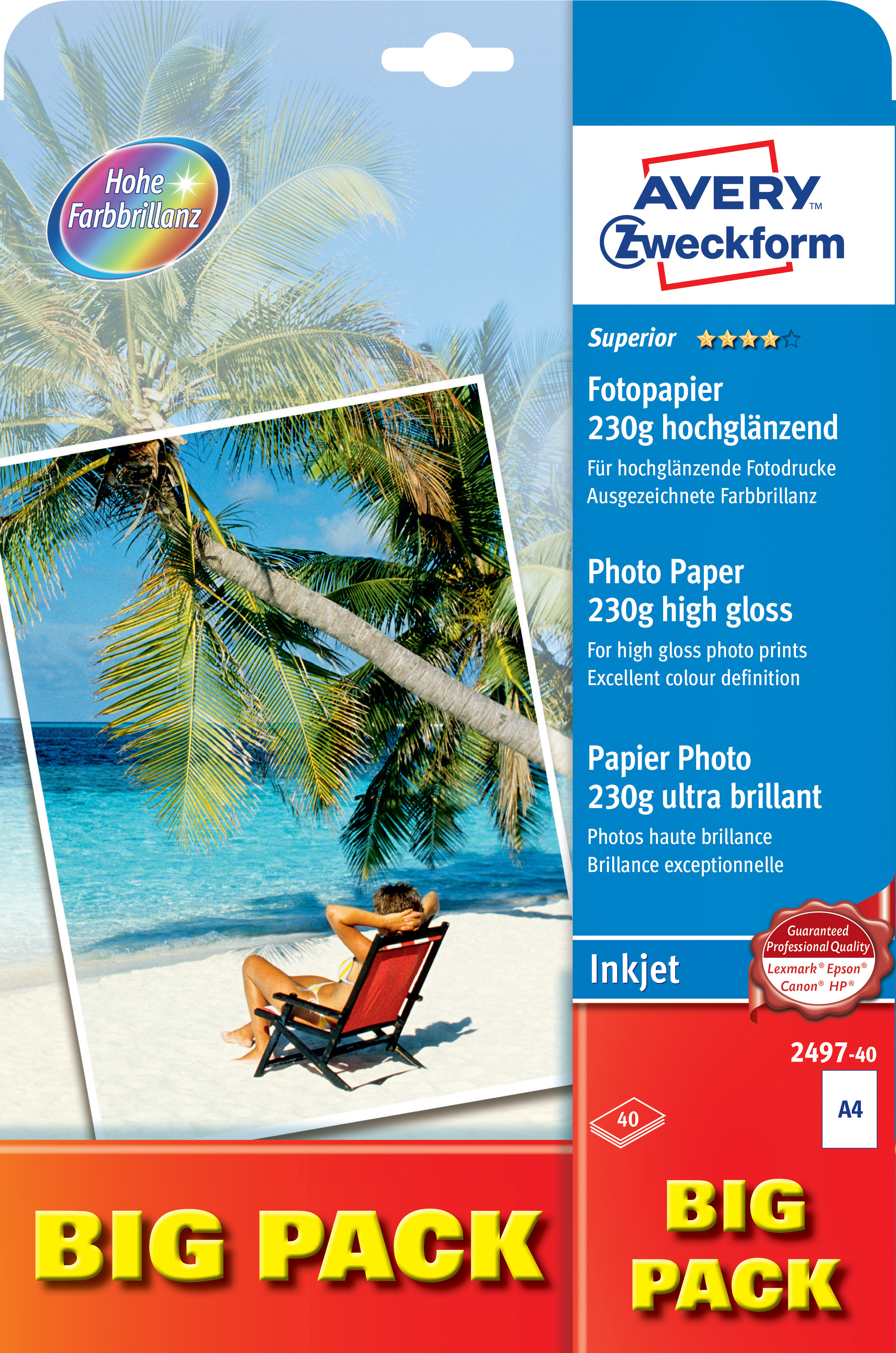 AVERY ZWECKFORM InkJet Photo Paper A4 2497-40 230g,glossy, blanc 40 feuilles