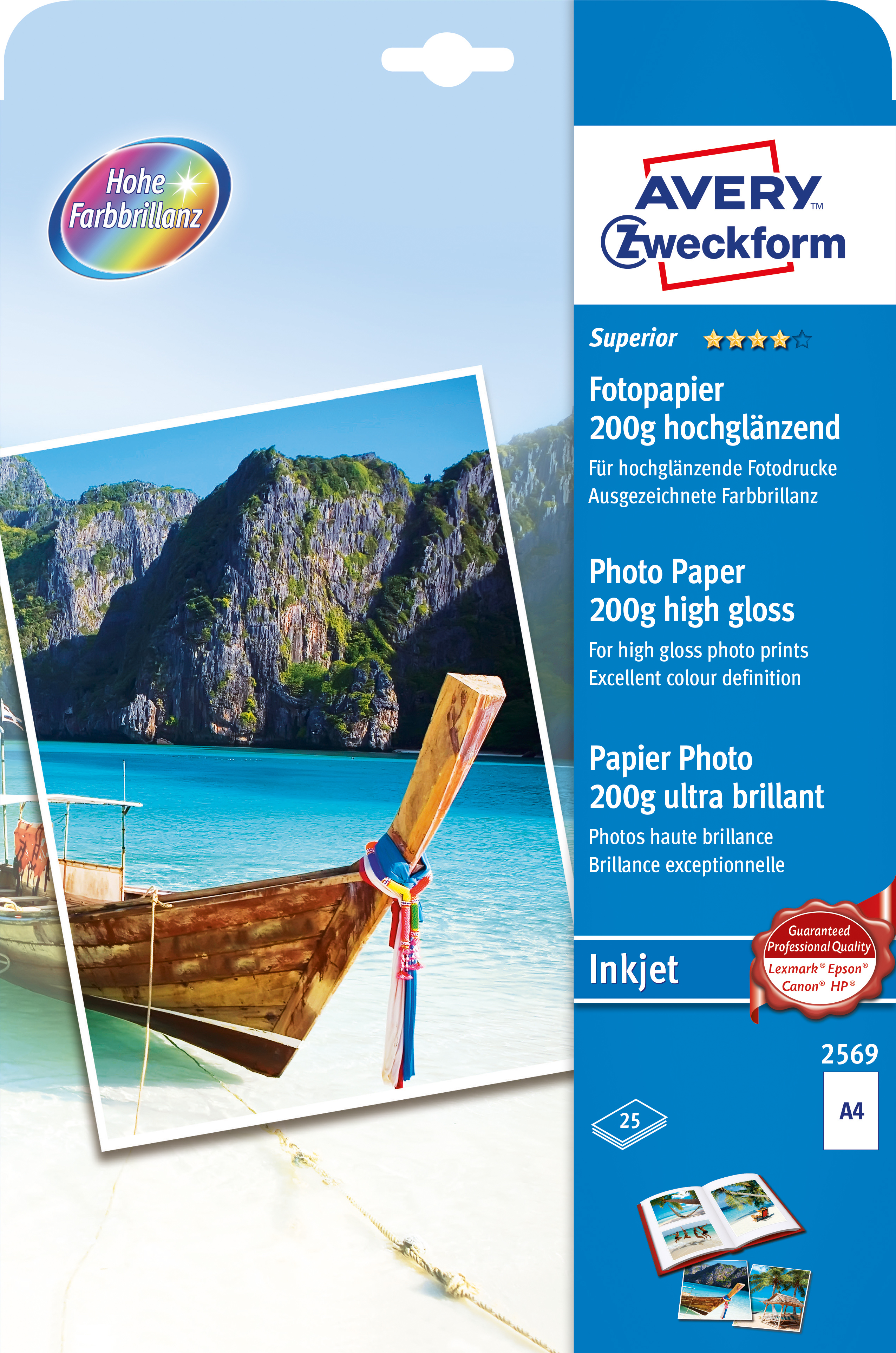 AVERY ZWECKFORM Superior Inkjet Photo Paper A4 2569 200g, brillant 25 feuilles