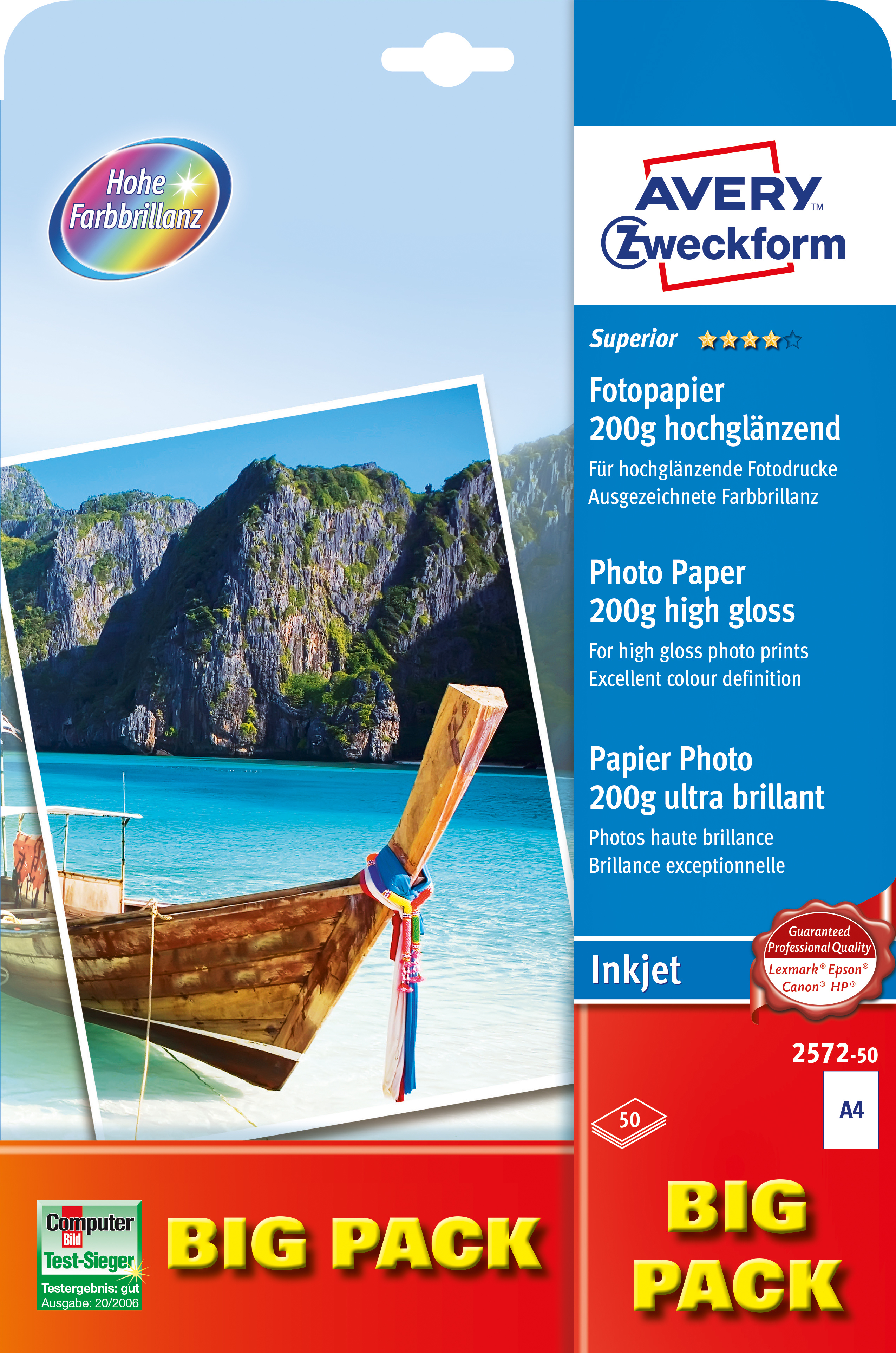 AVERY ZWECKFORM InkJet Photo Paper A4 2572-50 200g,glossy, blanc 50 feuilles